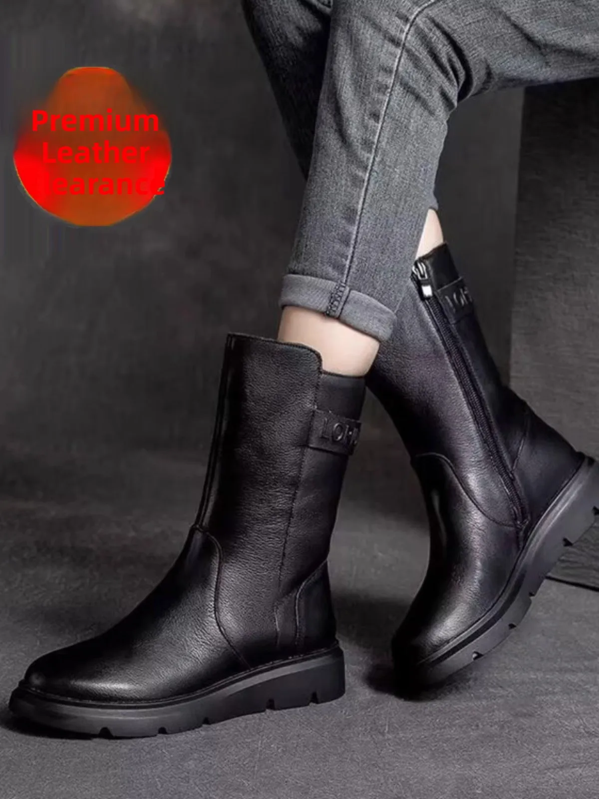 Leather  Boots Women's Mid-Calf Fce Lined Flat Bot Anti-Slip Faion Boots Winter New Sle Soft Bot Women's S...