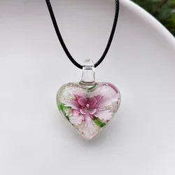 1PCS Fashion Pink Flower Glass Muran Crystal Heart Pendant Necklace Women Floral Love Shape Lampwork Cheap Item Jewelry Gift