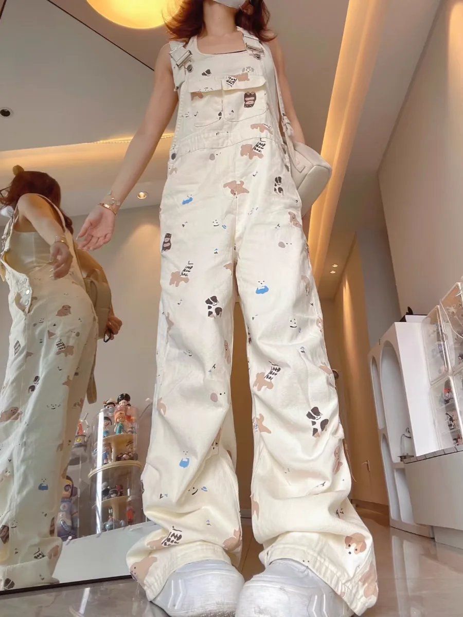 

Summer Women's Denim Overalls Cute Little Dog Print High Waist Straight Leg Jumpsuit Fufu Fun Color Dopamine Style Small Size