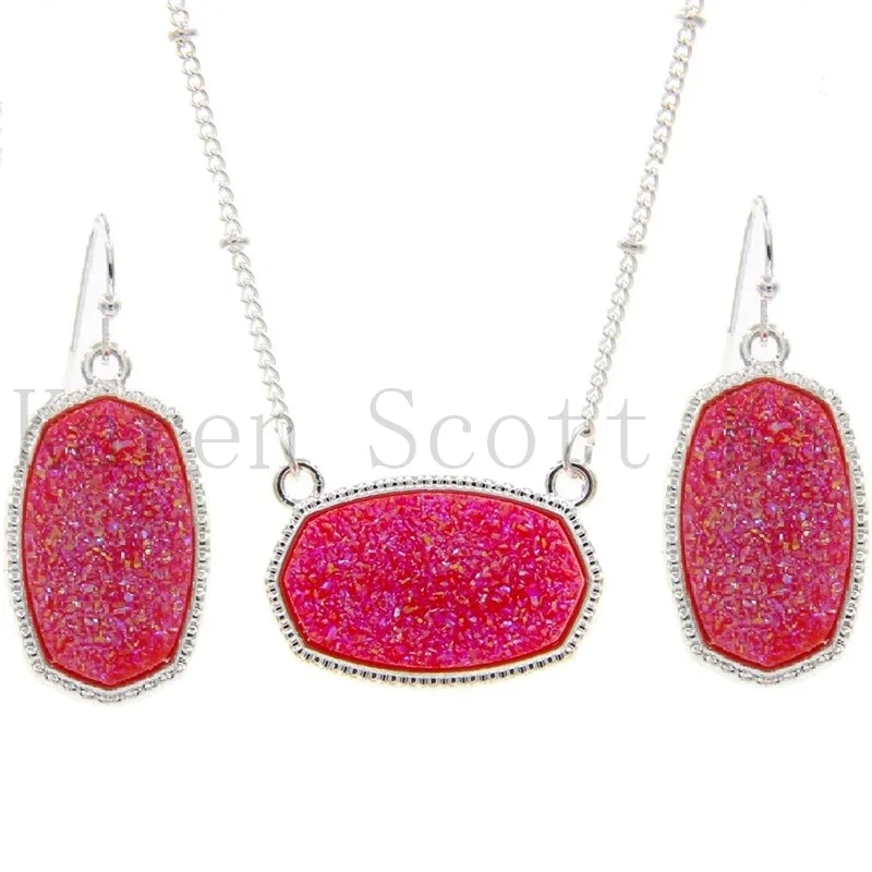 Oval Resin Druzy Drusy Pendant Necklace Hexagon Druse Charms Drop Earrings  Color Fashion Jewelry Set Gift