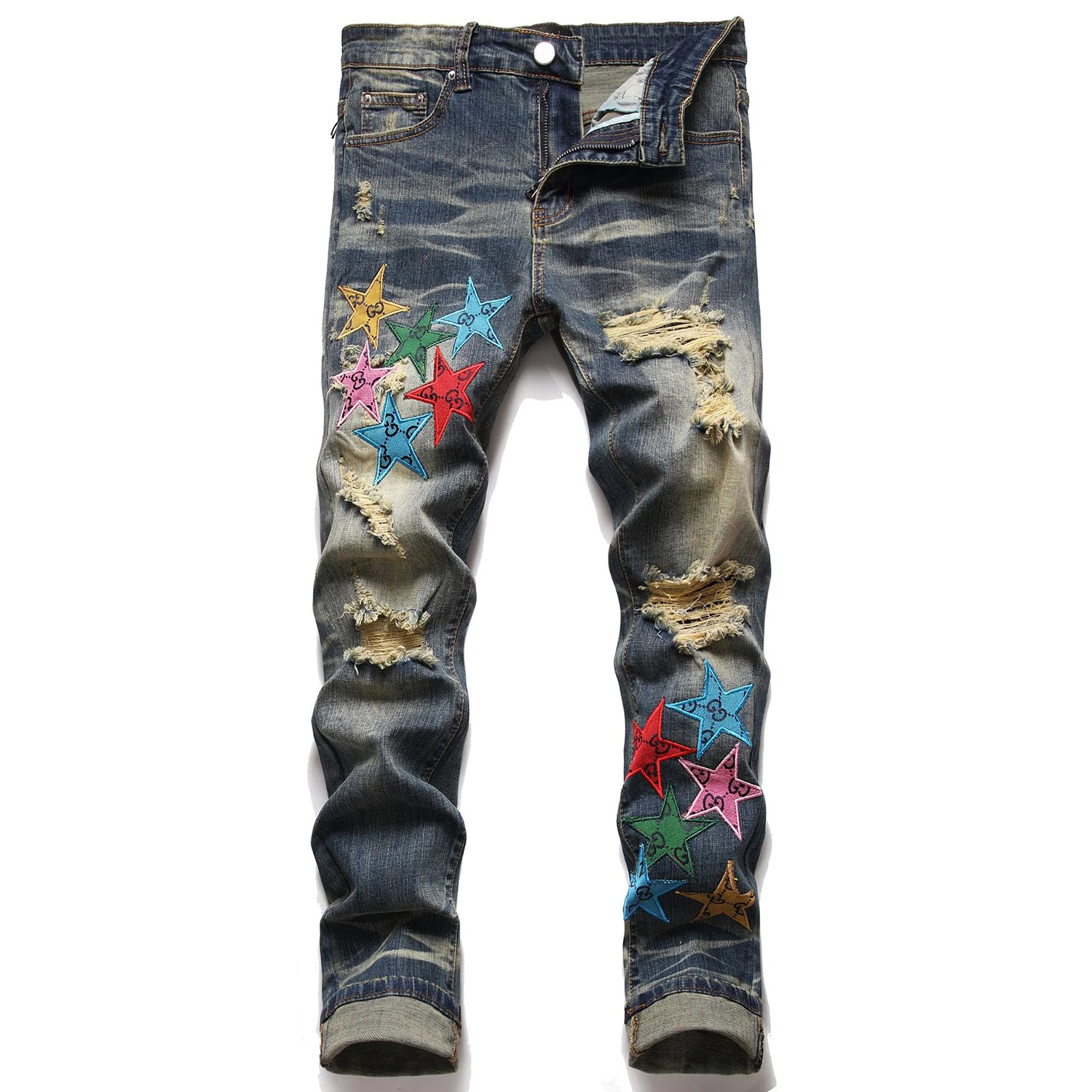 Light Luxury Men’s Slim-fit Punk Blue Denim Pants,Embroidery Decors Ripped Trendy Casual Pants, Stylish Sexy Street Jeans Pants;