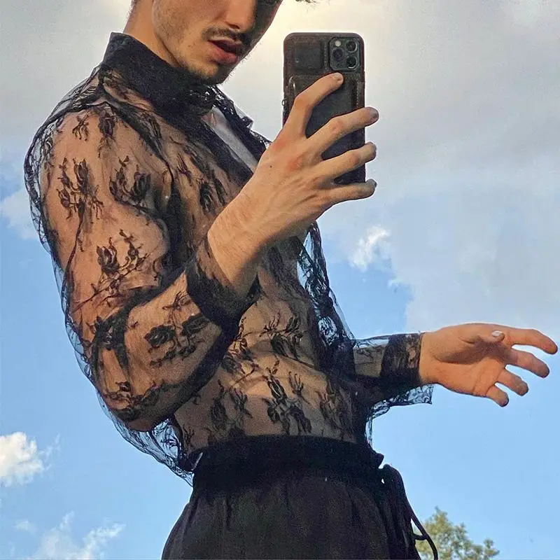 

European and American style Spring and summer Casual Perspective Top Slim-fit Fashion Trendy Long Sleeve Lace Sexy Men's Shirt
