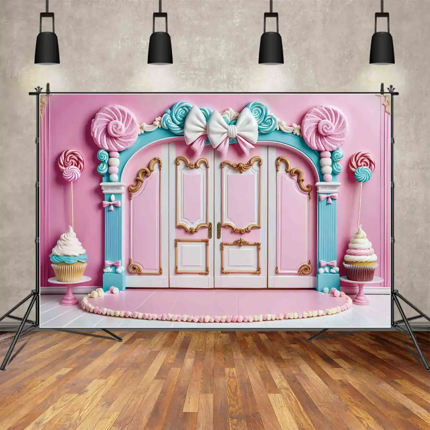 Moon.qg ฉากหลังของเด็กผู้ชายเด็กผู้หญิงอมยิ้มวันเกิดปาร์ตี้พื้นหลังอุปกรณ์ประกอบฉากการถ่ายภาพยิงโบว์การตกแต่งประตูโฟโต้คอล