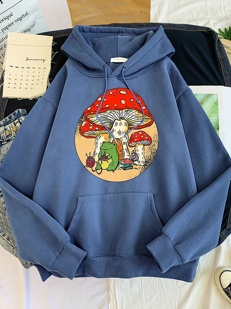 Cute Cottagecore Aesthetic Frog Kinting Mushroom Women Hoodie Fashion Clothing High Quality Sweatshirts Autumn Woman Clothing