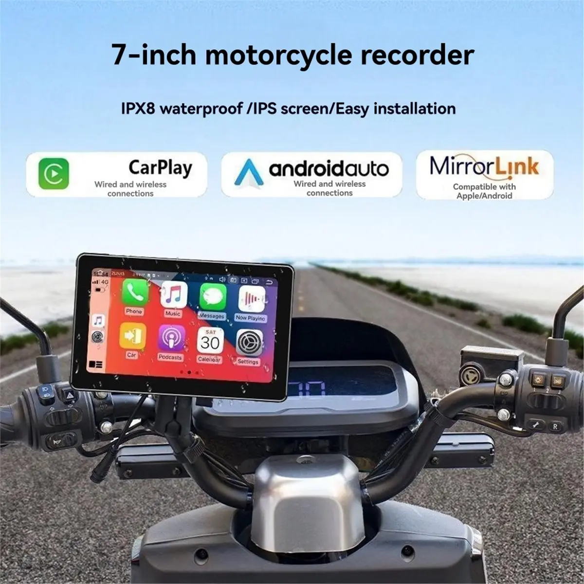 Monitor de navegación portátil para motocicleta de 7 pulgadas IPX8 resistente al agua para pantalla inalámbrica CarPlay Android Auto