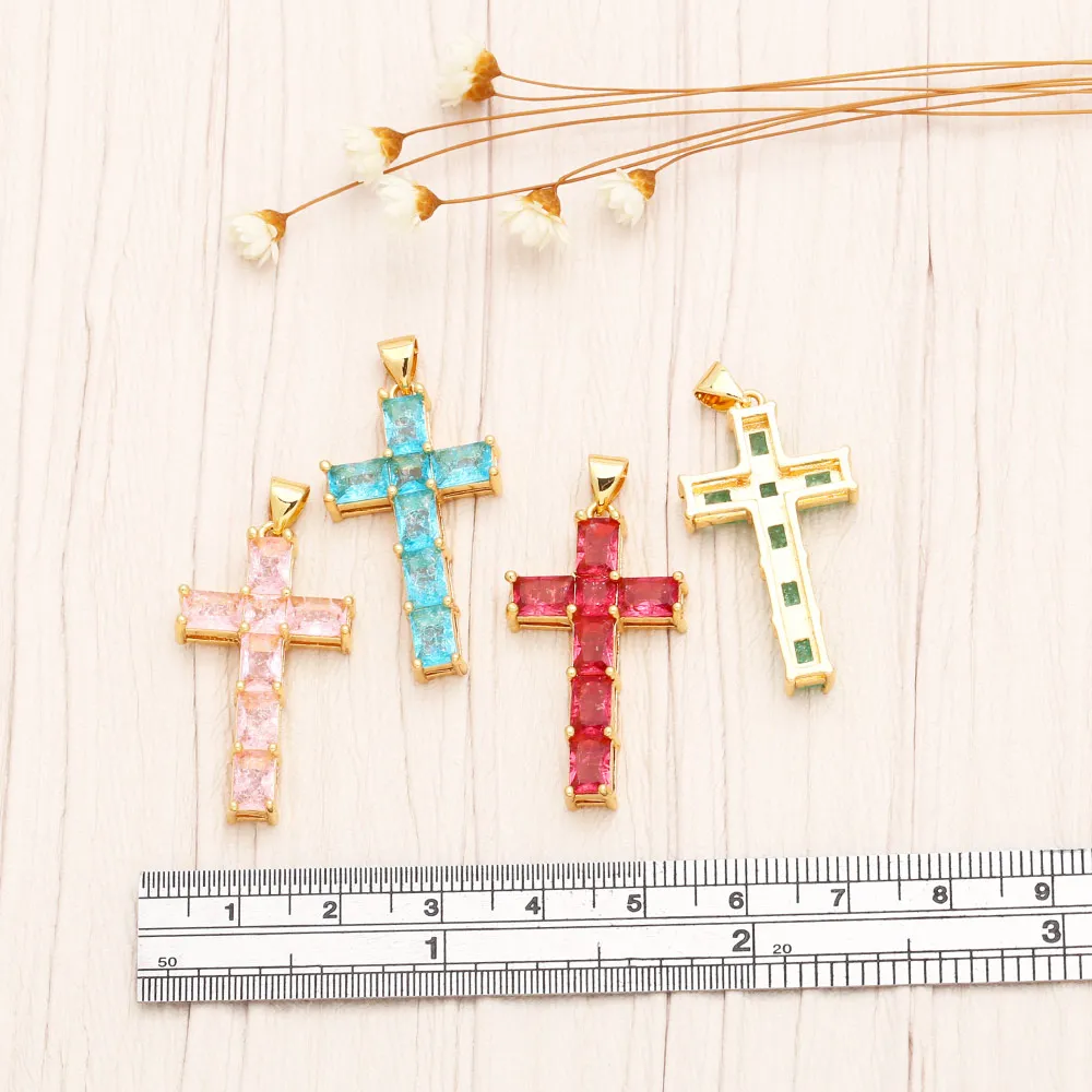 OCESRIO Multicolor Big Crystal Cross Necklace Pendant Copper Gold Plated Religous Crucifix Jewelry Making Component pdtb281