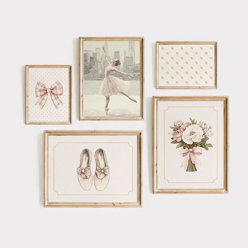Vintage Ballet guardería bailarina Cottagecore zapatos rosas bailarina arco cartel lienzo pintura pared arte imágenes hogar Interior Dec