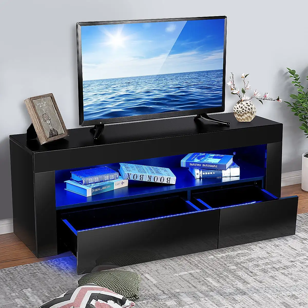 TV Stand High Gloss TV Cabinet with LEDs for TVs up to 55 inch 2 Drawers Modern Media Console Entertainment Center Black Finish