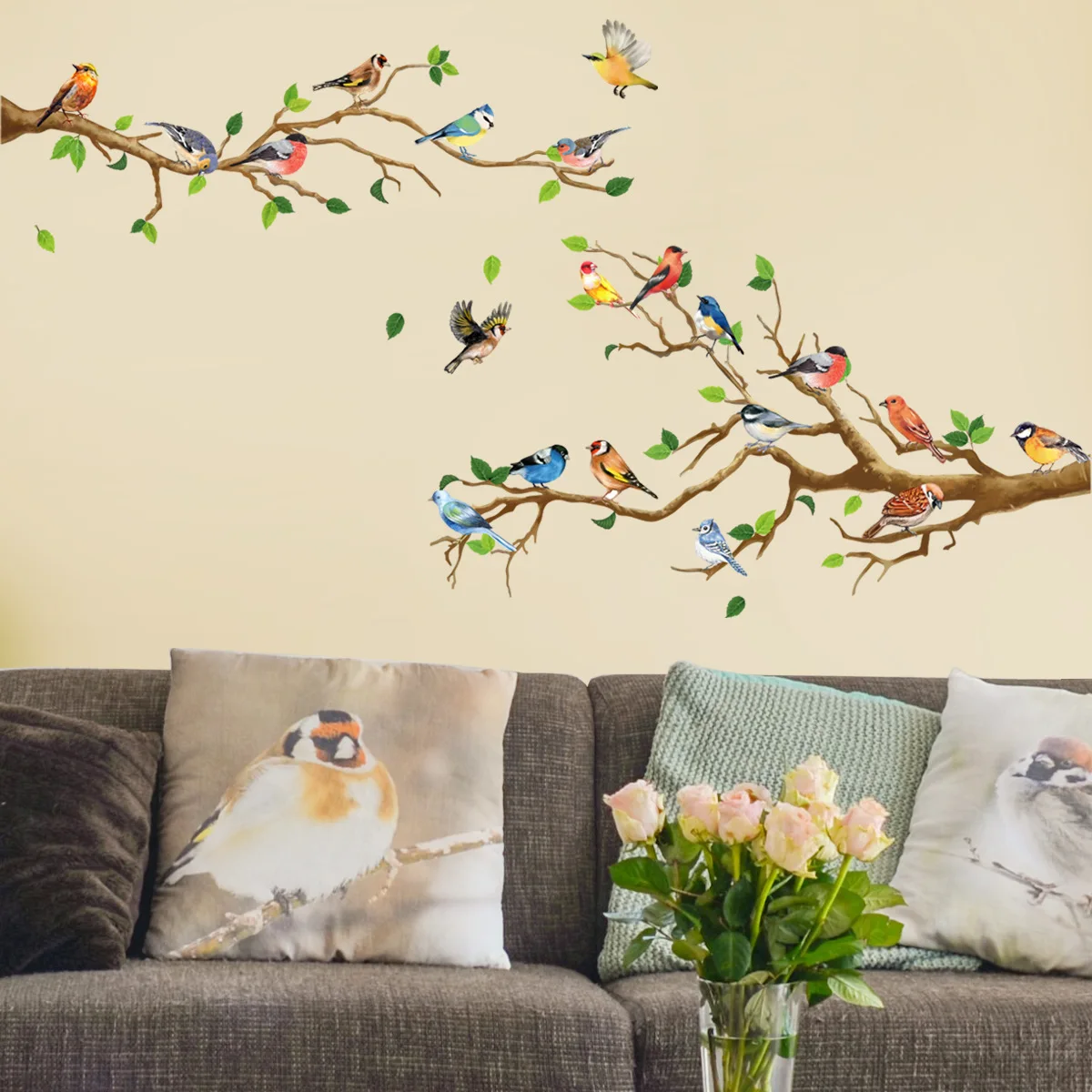4pcs Artistic PVC Wall Decal, Colorful Birds On Branch Mural, Self-adhesive Removable Wall Art Sticker For Bedroom, Entryway, Li