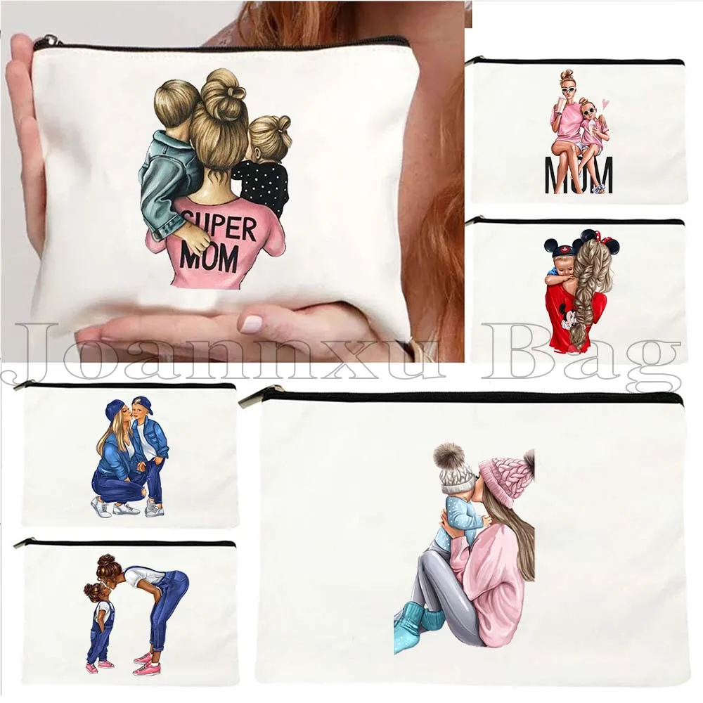 Moda Mam Super mamá vida mamá papá bebé niña niño amor corazón regalos lona bolsa de cosméticos maquillaje bolsa de aseo estuche para lápices bolsa con cremallera