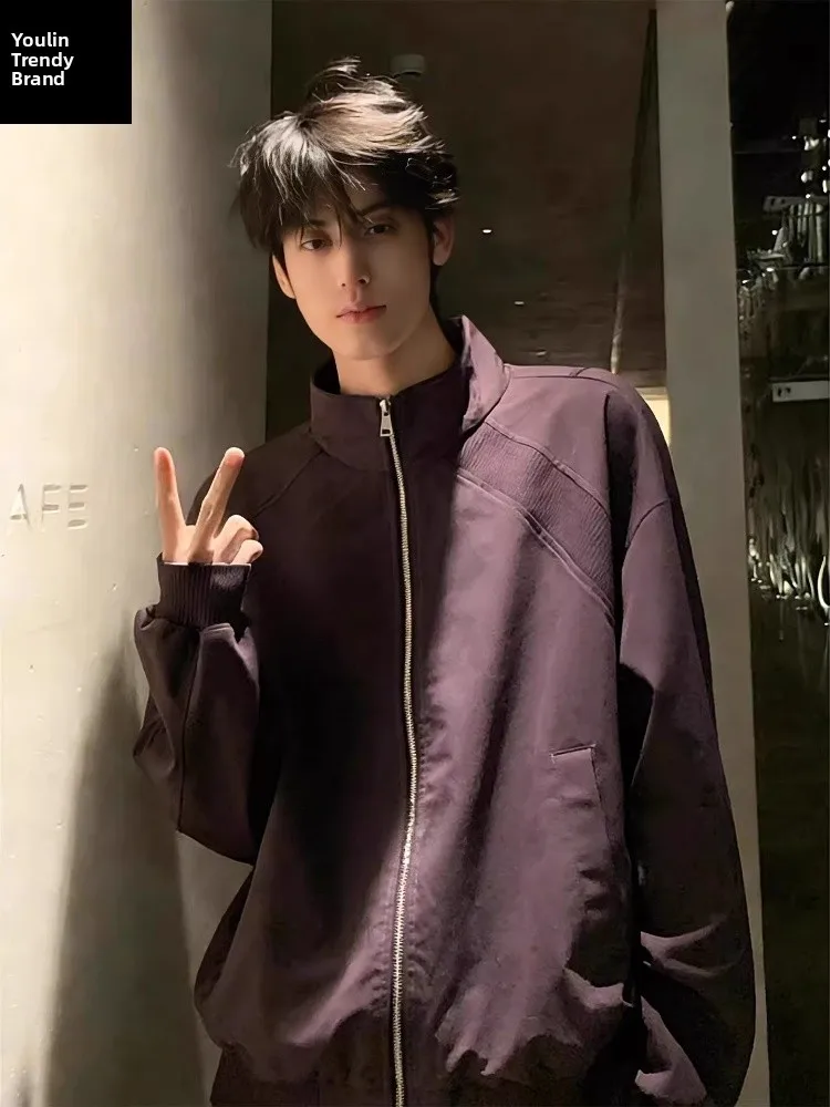 

Фиолетовая американская куртка-пилот для мужчин, весенне-осенняя, в стиле Cleanfit, с воротником-стойкой, рабочая одежда, парная бейсбольная куртка, верхняя одежда