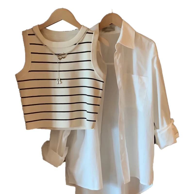 Ensemble deux pièces Chic pour femmes, tapis d'été irt avec sangle, gilet rayé coréen Sle Long Sve, coupe ample, détail de boutons