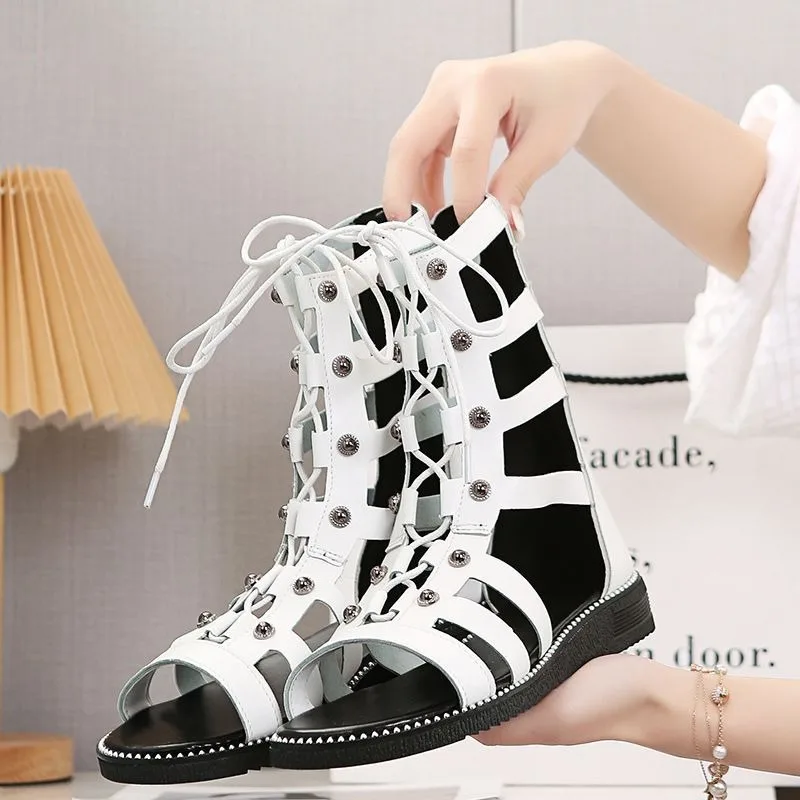 Women Flat Sandals 2025Summer New Hollow Out Sandal Fashion High-top Cool Boots for Women Cross Strap Roman Shoe Sandalias Mujer