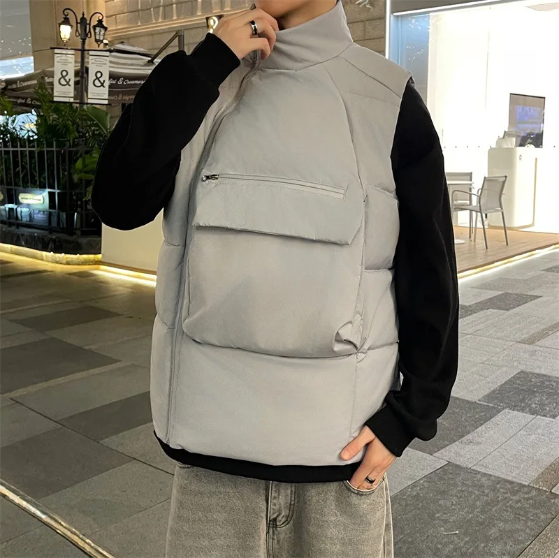 Autumn Winter Men's Cotton Padded Vest Stand Collar Sleeveless Oblique Zipper Front Pockets Design Men Thicken Vests Warm Jacket