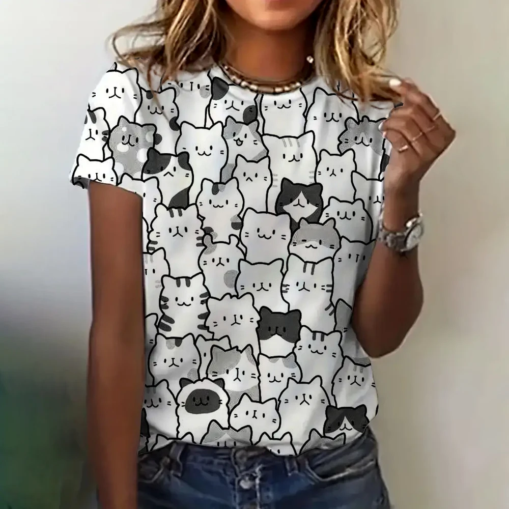 

Women Clothing T-shirt Loose Casual Short Sleeve Cat Fashion Pattern Top Summer Round Neck Breathable Short Sleeve Girls T-shirt