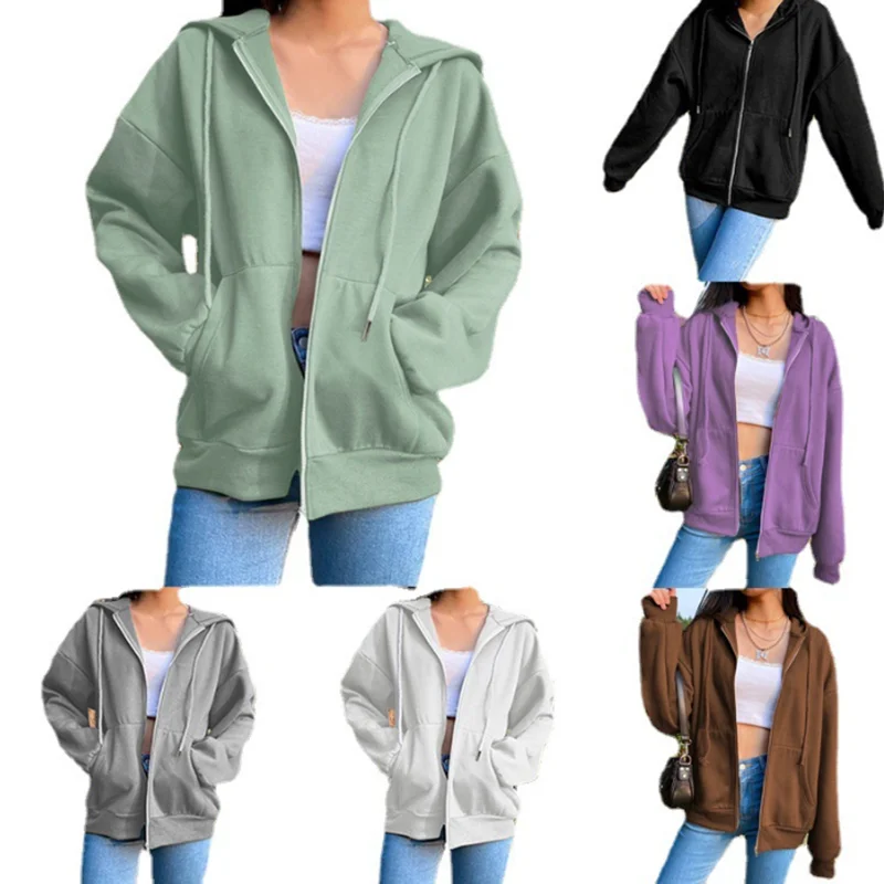 Plus Size Fleece Hoodie Solid Color Hooded Korean Fashion Sweatshirts Sleeve Top Drawstring Pockets Loose Zipper Black Hoodies