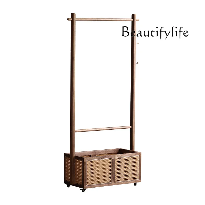 Y Black Walnut Removable Hanger Dirty Basket Integrated Rattan Frame Coat Rack Floor Fashion