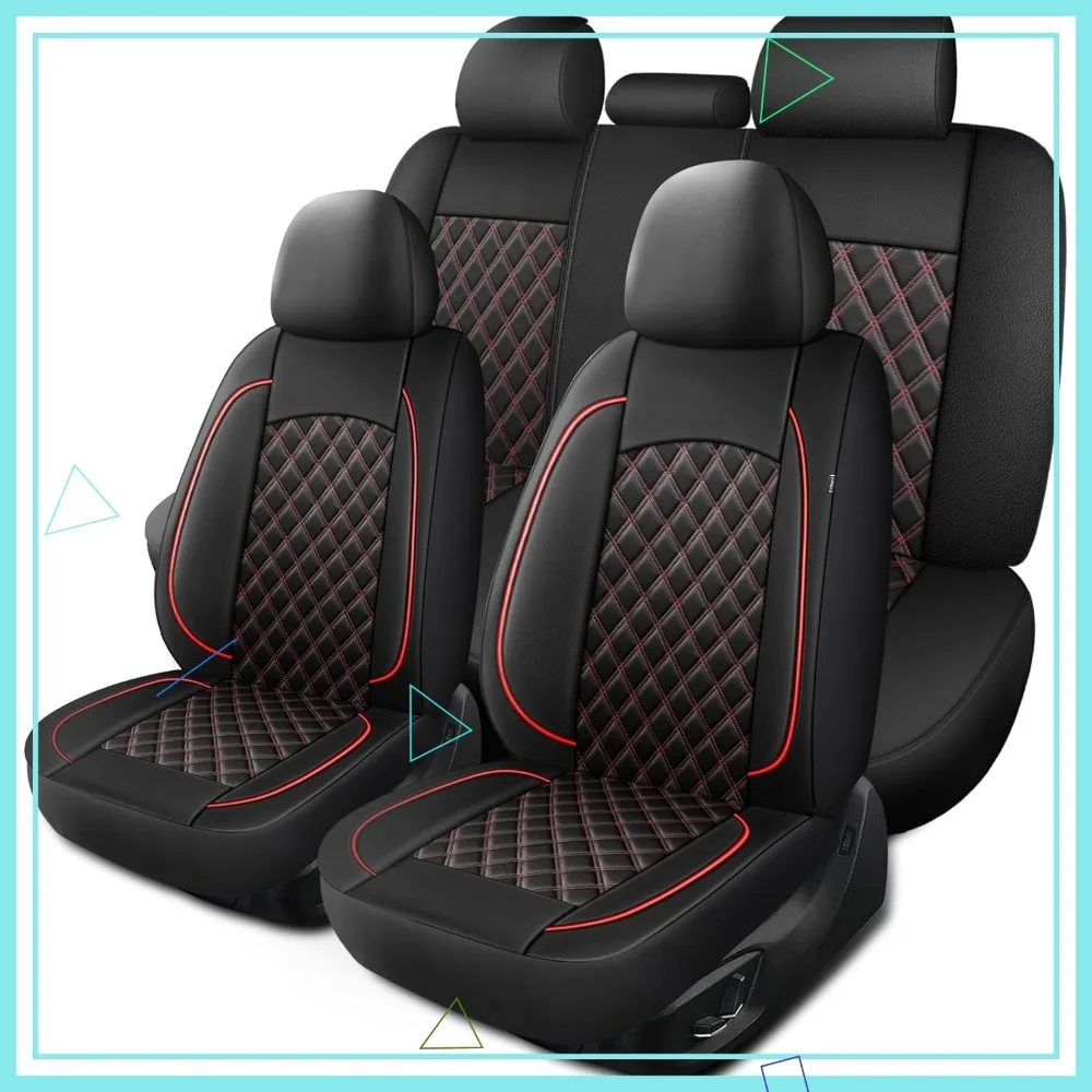 

Universal Car Seat Covers Set, Breathable Waterproof Napa Leather, Fit Sedans SUVs Trucks Vans (Black+Red)