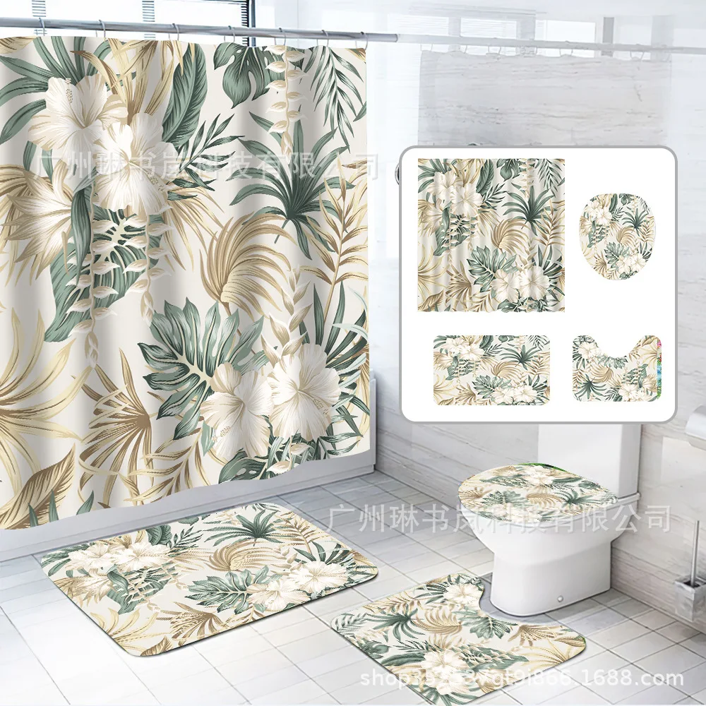 Tropical Leaves Shower Curtain Sets Green Palm Leaf Plants Bathroom Decor Fashion Non-Slip Rug Bath Mats Toilet Lid Cover