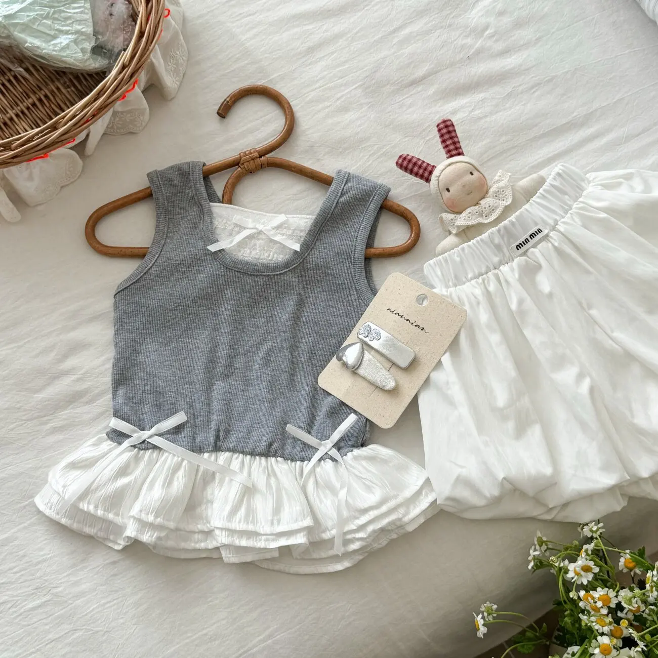 Summer Baby Girls Clothes Sets Toddler Ruffle Trim Patchwork Ribbed Sleeveless Vest+Flower Bud Shorts 2Pcs Kids Casual Outfits