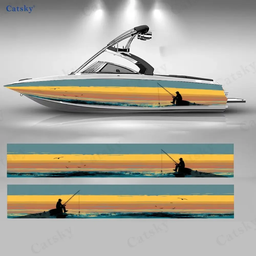 Warm Sunset Glow Boat Fisherman Boat Stickers, PVC Waterproof Vinyl Wrap Decals for Fishing Boats, Durable and Stylish Design