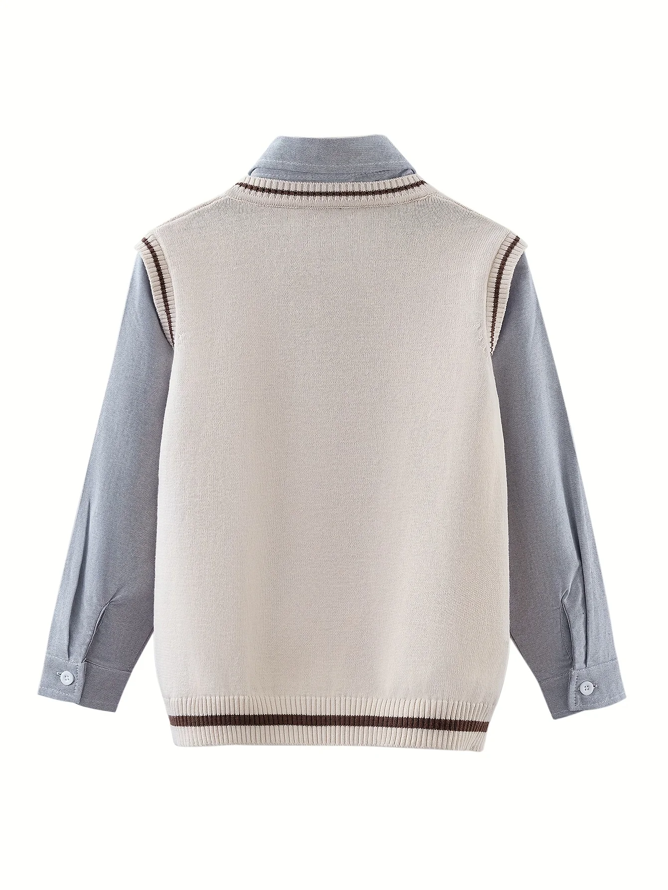 Boys' Preppy Knit Sweater V-Neck Vest with Shirt Collar Design And Embroidered Emblem Casual Spring Autumn Wear for Big Kids