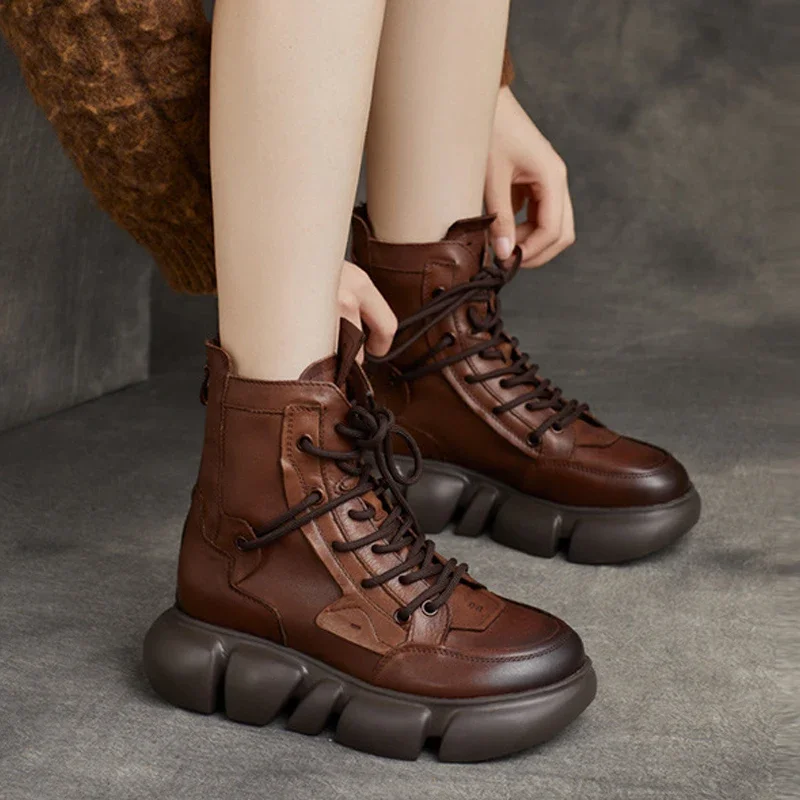 

3.5cm Woman Combat Boot Ankle Autumn Spring Shoes New Natural Cow Genuine Leather Female Platform Wedge Ankle Booties