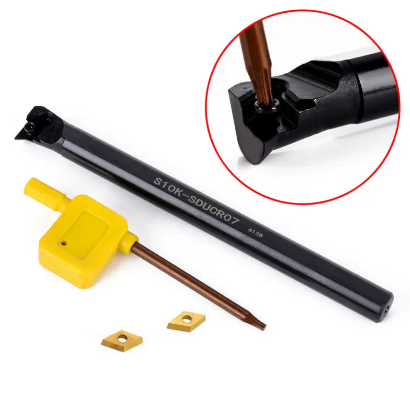 S10K-SDUCR07 Lathe Turning Tool Holder with Boring Bar and 2 DCMT0702 Inserts for Various Processing Environments