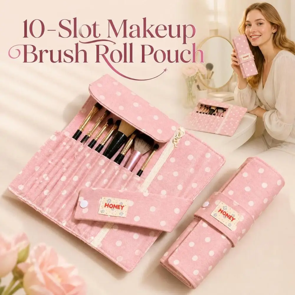 Polka-Dot Makeup Brush Roll Pouch 10-Slot Foldable Cosmetic Brush Organizer Fabric Lightweight Makeup Brush Bag Travel Storage