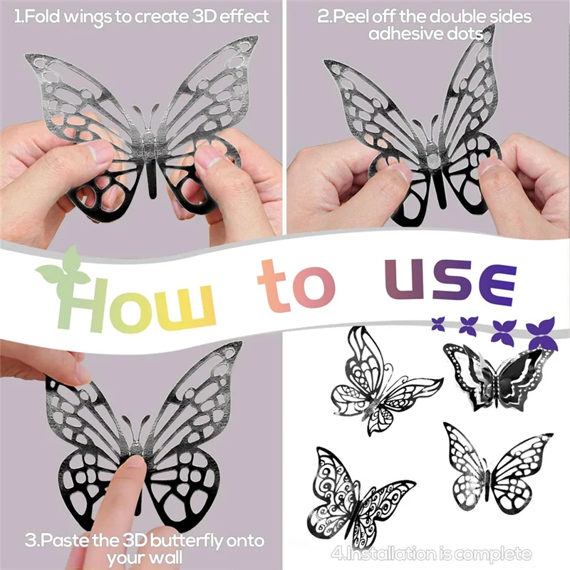 Room Decorations-96 Pcs 3D Metallic Butterfly Wall Stickers For Parties, Weddings