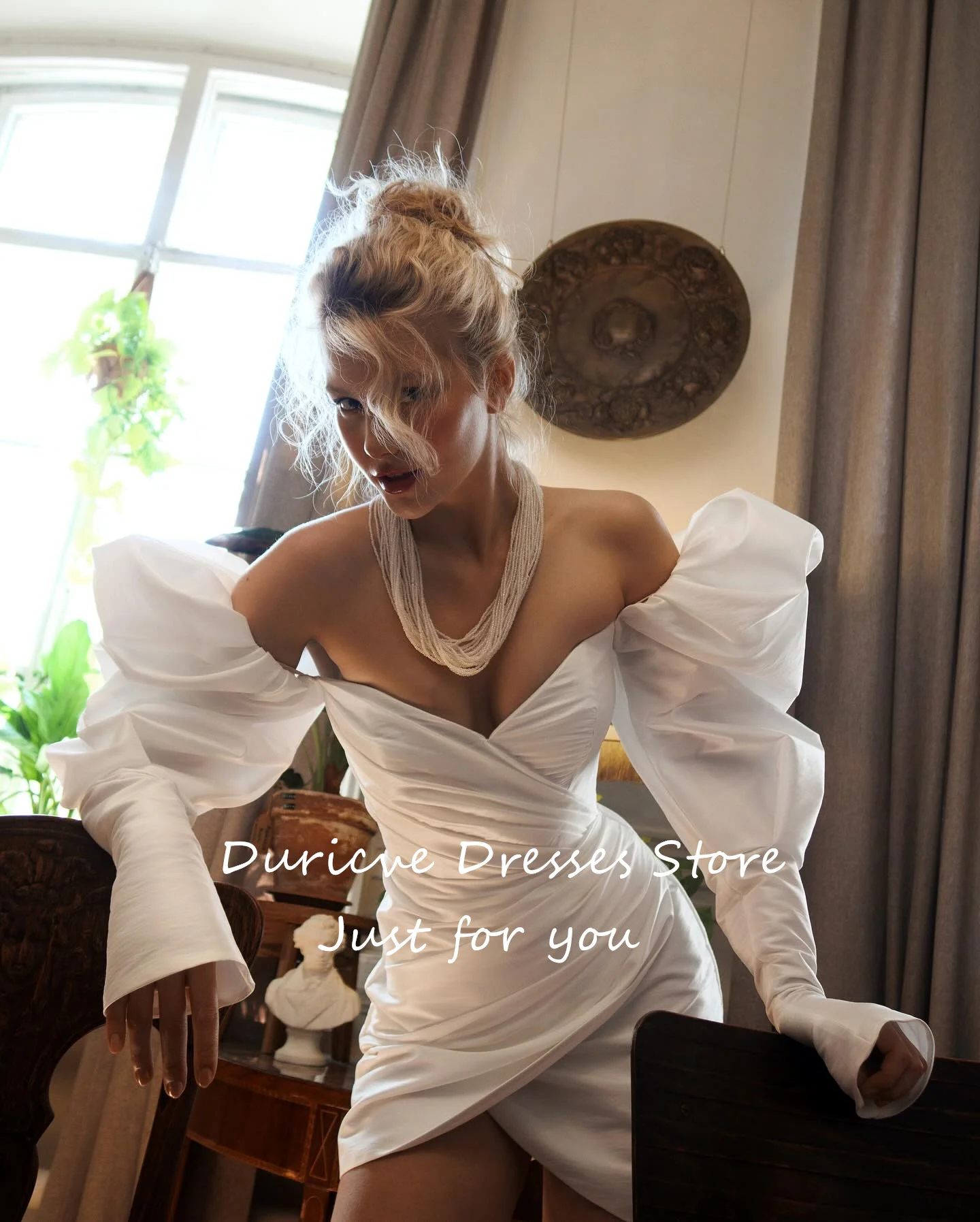 Duricve Customized Mini Satin Mermaid Wedding Dresses Long Sleeves Sweetheart Short Civil Bridal Gowns After Party Dress Vestido
