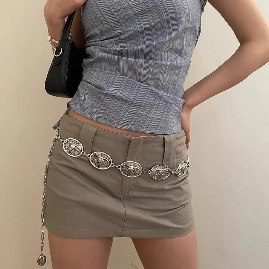 2024 Vintage Silver Chain Belt Sun Bull Coins vita femminile Y2K Dress cintura cinture firmate per le donne corsetto Punk di alta qualità