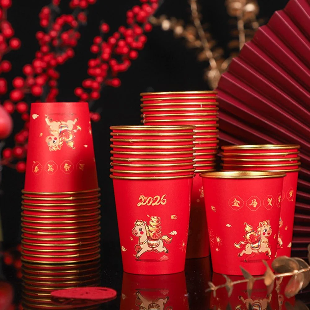 

50pcs Horse Pattern 2026 Spring Festival Disposable Cup Gold Foil Anti-scalding Spring Festival Paper Cup Thickened