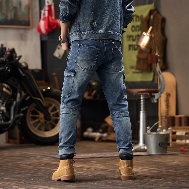 Men\'s Stitching Pleated Cargo Jeans Locomotive Style Fashion Casual High-End Washing Craft Punk Tappered Pants