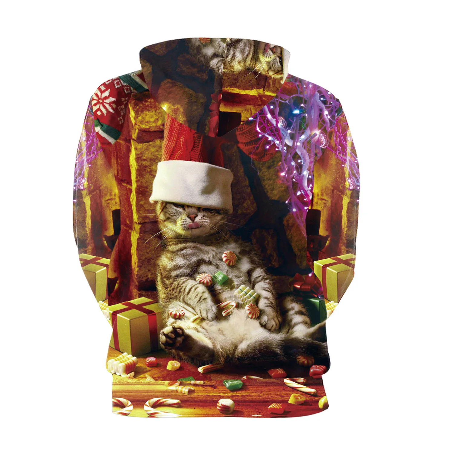 Camisola de manga comprida para casal, gato dos desenhos animados, impressão 3D, feriado, venda quente, Natal