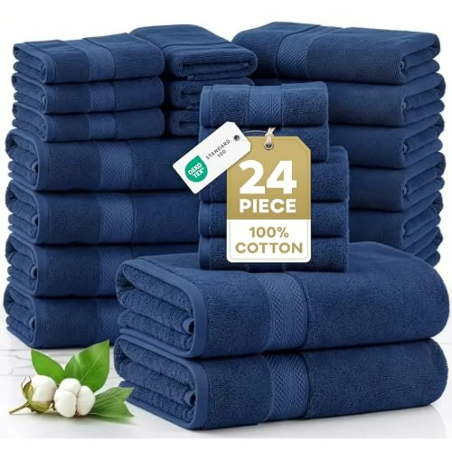 Bath Towel Set for Bathroom Gym Hotel Spa - 100 Ring Spun Cotton - Navy Blue - Highly Absorbent