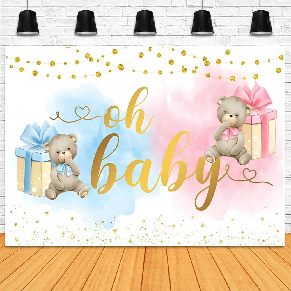 Mocsicka-ブルーとピンクのクマのシャワーの背景、性別の明らかなパーティーの装飾、oh赤ちゃんの新生児の背景、バナーのアクセサリー