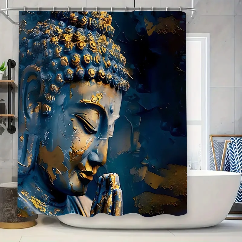 Elegant Blue and Gold Buddha Shower Curtain for Bathroom Decor Enhance Your Home with Tranquility and Spirituality Easy-Clean