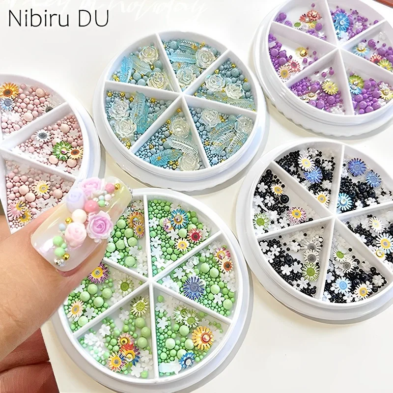 

6 Grids Flower Nail Charms 3D Rose Flowers Nail Rhinestones Shiny Nail Gems Diamonds Pink Red Rose Nail Jewelry DIY Decoration