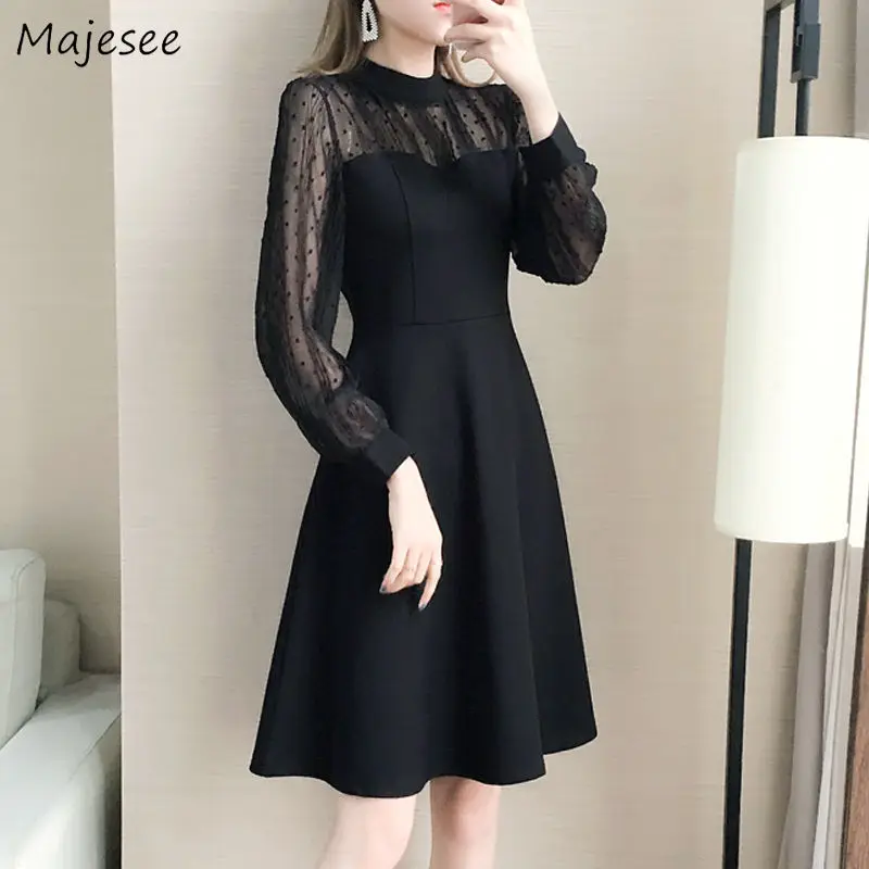 Hot Sale Dress Women Long Sleeve Black Solid Lace Elegant Dresses 4XL Womens Korean Fashion Turtleneck Slim Ladies Harajuku Ins