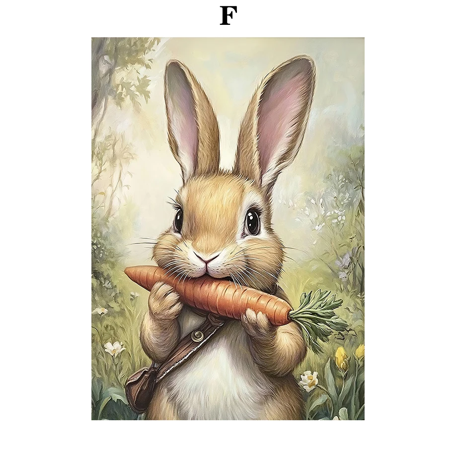Cute Playful Bunny Art Poster Vintage Bunny Tree Flower Carrot Canvas Print Modern Interior Home Decoration