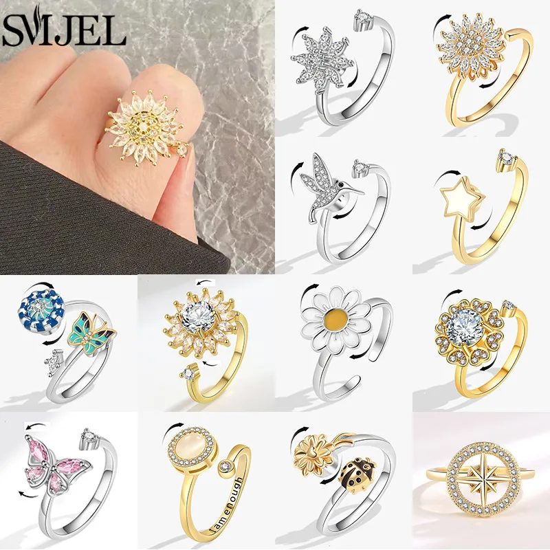 Luxury Rotating Anxiety Flower Rings for Women Spinner Fidgets Hummingbird Butterfly Animal Knuckle Ring Anillos De Ansiedad