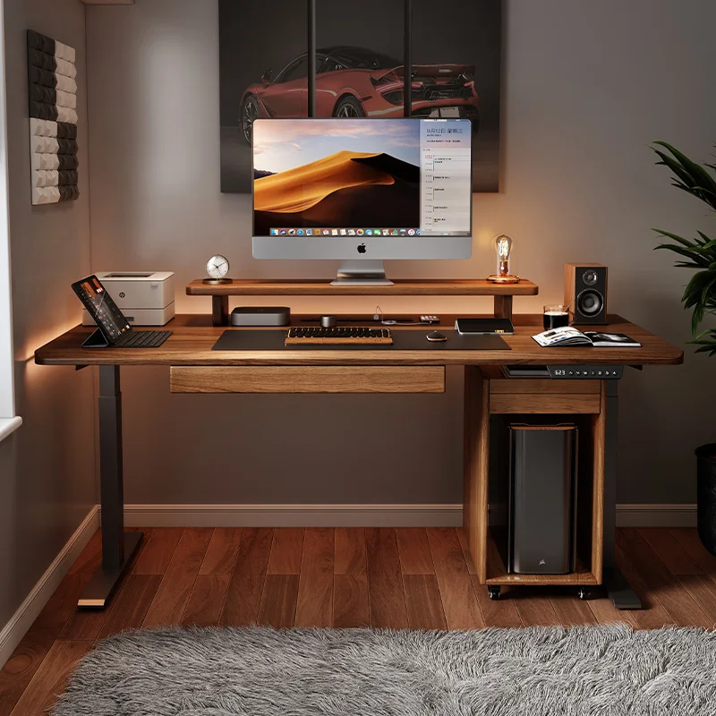 Electric Lifting Table Computer Desk Intelligent Dual Motor Workbench Walnut Color