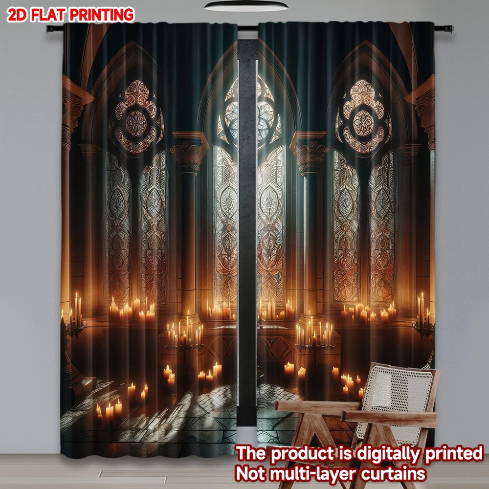 

2D flat printing 2pcs Scene Curtain Gothic Church Candlelight Digital Printed Polyester Drapes Family Party Perfect for All