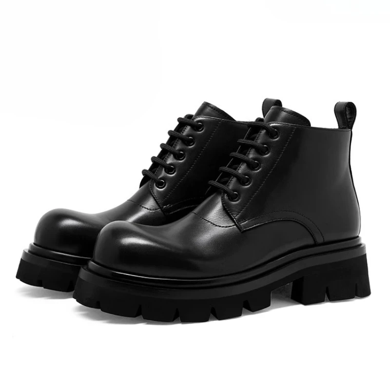 

British Thick-soled Heightening Tooling Shoes for Men's Autumn and Winter Casual Big-headed Shoes Genuine Leather High Top Shoes
