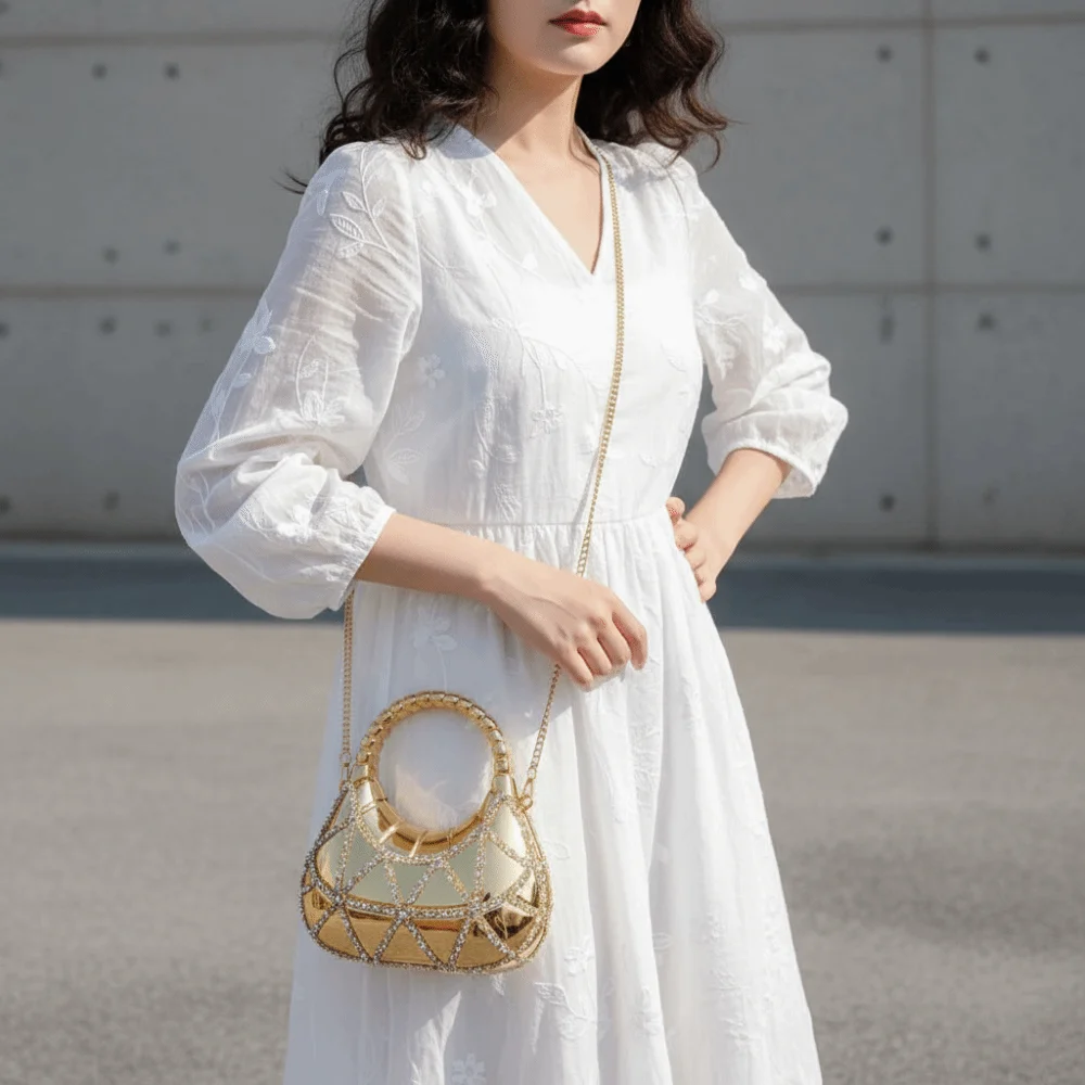 Crystal Embellished Crescent Evening Clutch High-shine Finish Detachable Chain Rhinestone Box Purse Geometric Pattern