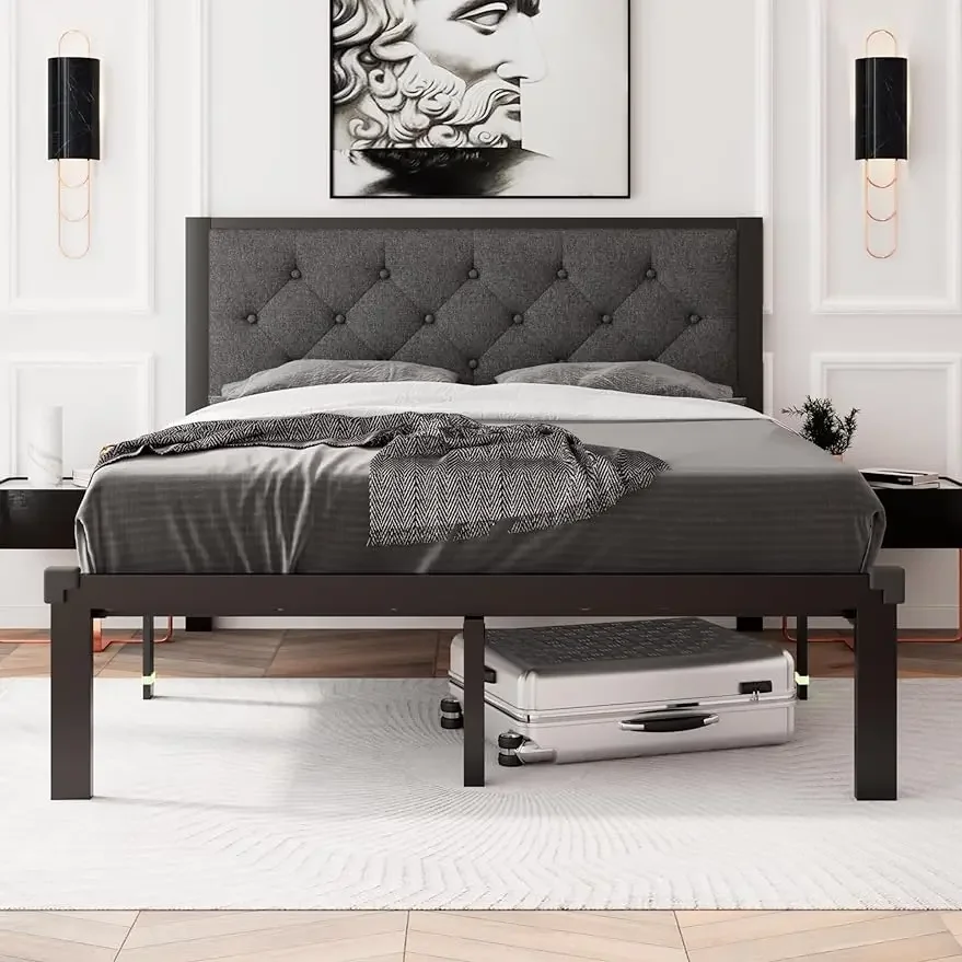 Queen Size Metal Bed Frame, Heavy-Duty Platform Bed Frame with Linen Upholstered Headboard