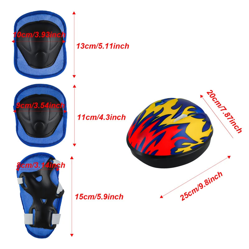 Kids Cool Flames Knee Pads and Elbow and Helmet Pads Guards Protective Gear Set for Roller Skates Cycling Bike Skateboard Sports