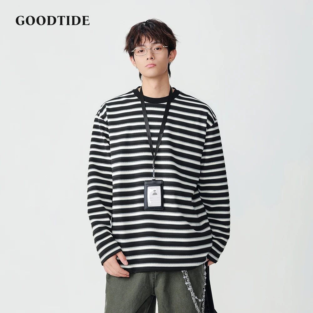 Fashion Men's Casual Long Sleeve T - Shirt 2025 Spring Autumn Striped Pattern Contrast Collar Loose Fit Design Comfortable Top