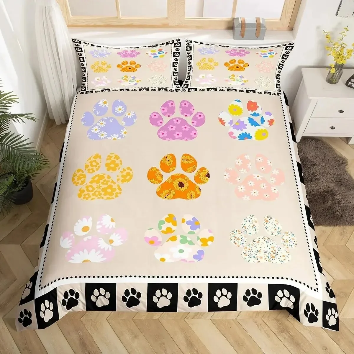 

Dog Paw Print Duvet Cover Watercolor Gradient Puppy Footprints Comforter Cover Funny Pets Animal Quilt Cover